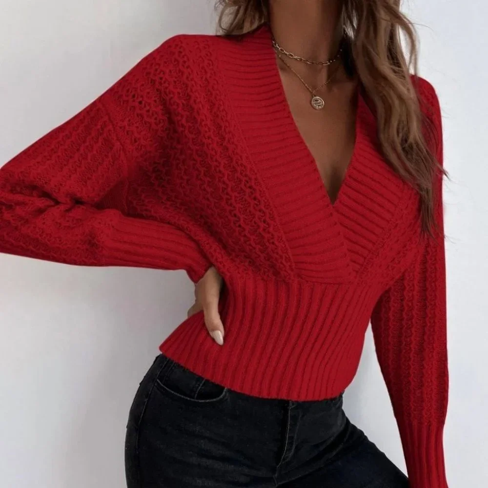 red v-neck textured knit sweater trending fall winter casual - Picture 5 of 7